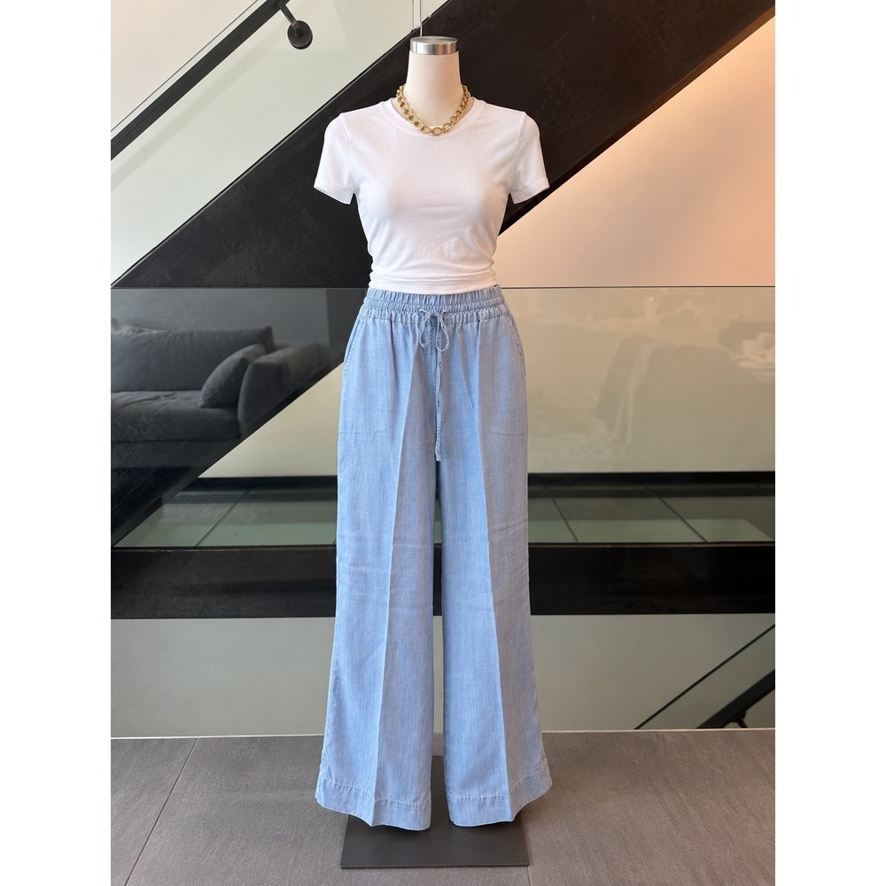 Tommy Bahama Womens XS Light Blue Chambray Wide Leg Drawstring Pants Pineapple